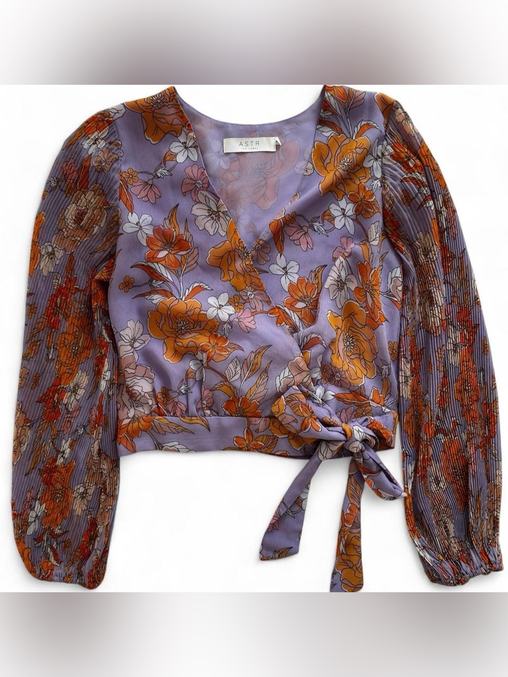ASTR the Label | Lavender Floral Wrap Crop Top with Tie